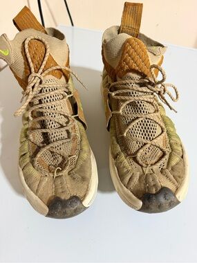 Nike ISOA Brown and Tan Knit High-Top Sneakers with Lime Accent